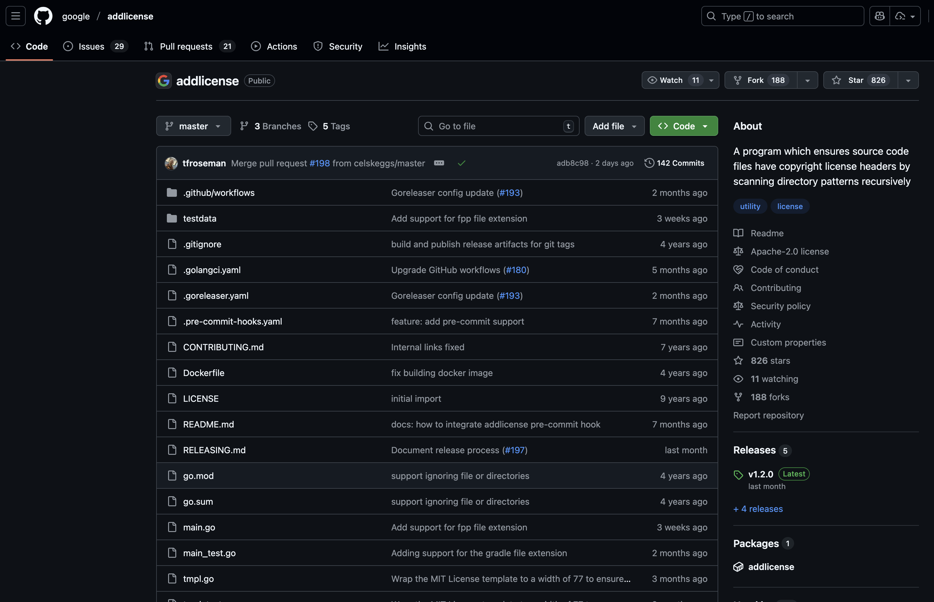 Example of adding license information to code