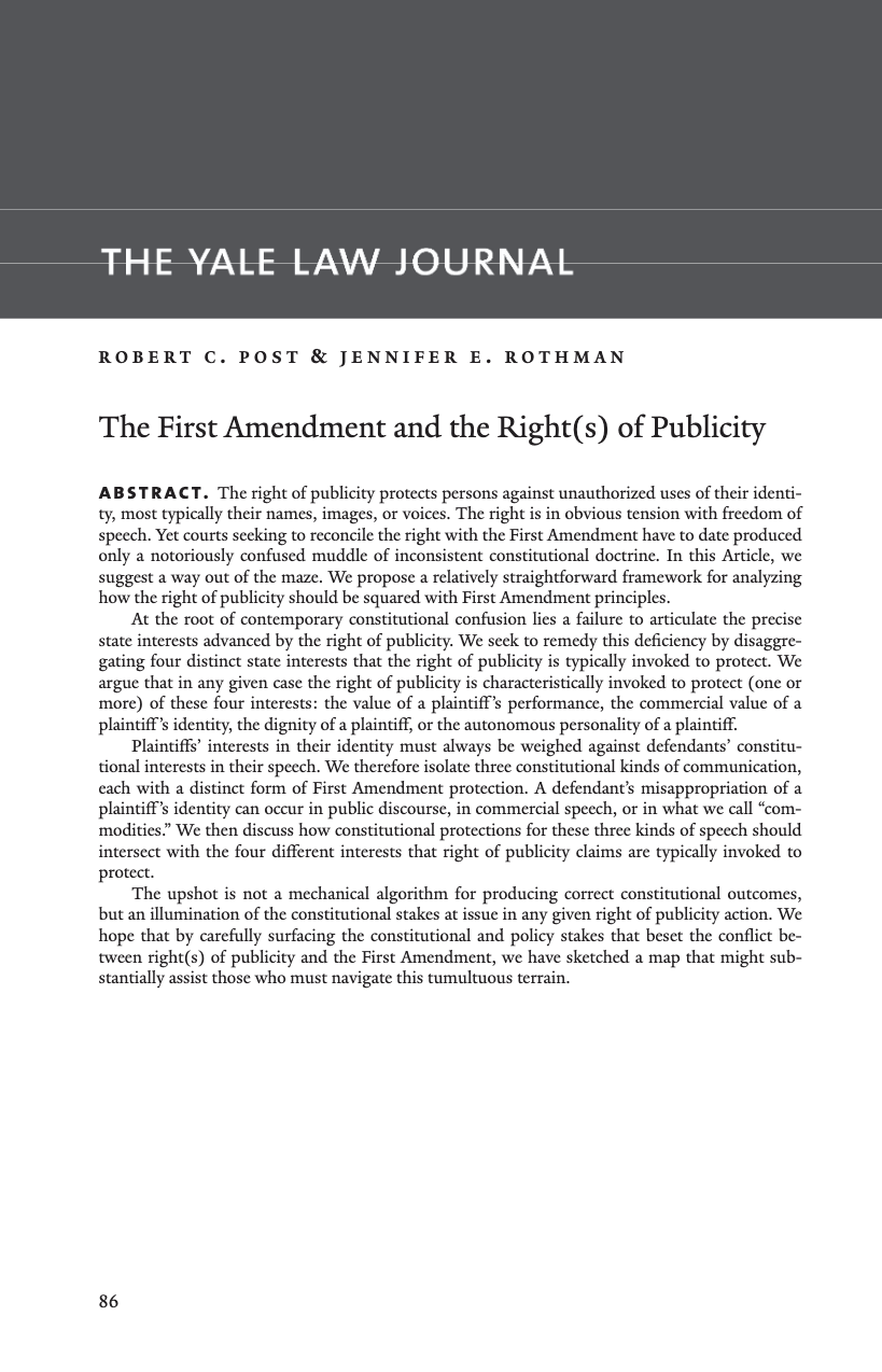 Post-Rothman - Four Publicity Rights