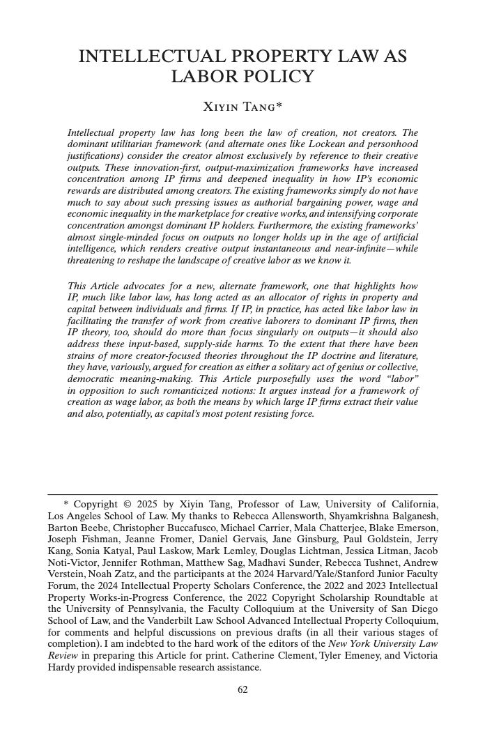 First page of Xiyin Tang's Intellectual Property as Labor Law